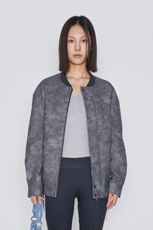 LEATHER OVERSIZED BOMBER JACKET (CHARCOAL)