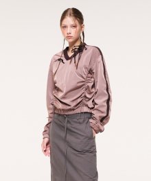 Nylon Shirring V-Neck Top, Brown Pink