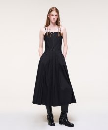 Front Zipper Pleats Slip Dress, Black