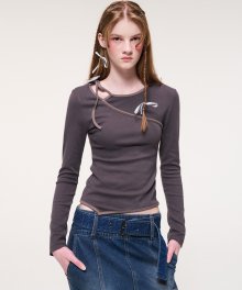 Neck Cut-Out Strap T-Shirt, Charcoal Brown