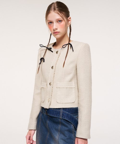 Fringe Line Tweed Jacket, Beige
