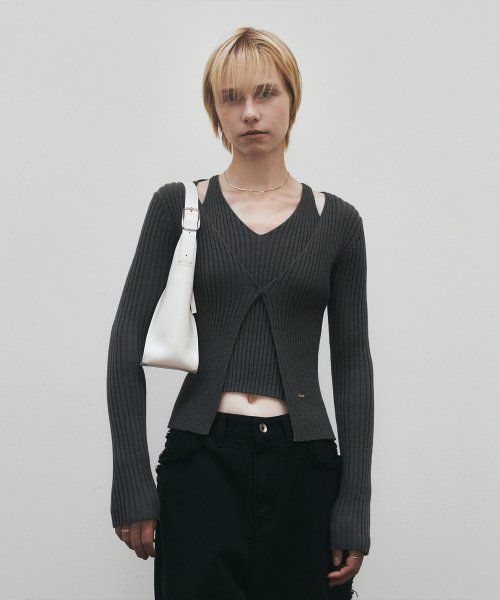 Cut Out Ribbed One пуговица Cardigan (Charcoal)