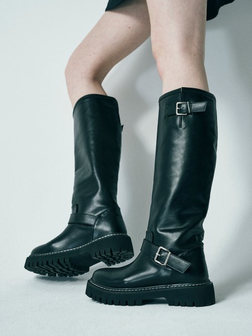 MUSINSA | SALT AND CHOCOLATE Round toe stitched riding long boots ...