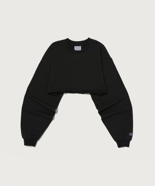 여성 클래식 Fleece 기모 슈퍼 크롭 티셔츠 Black