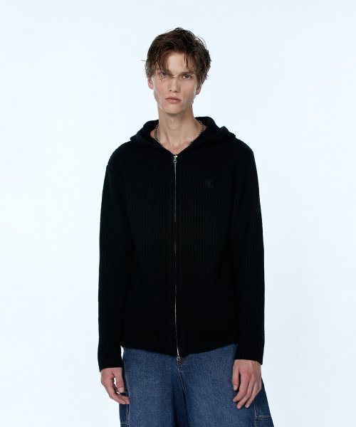 MUSINSA | WOOALONG Signature hood knit zip-up - BLACK