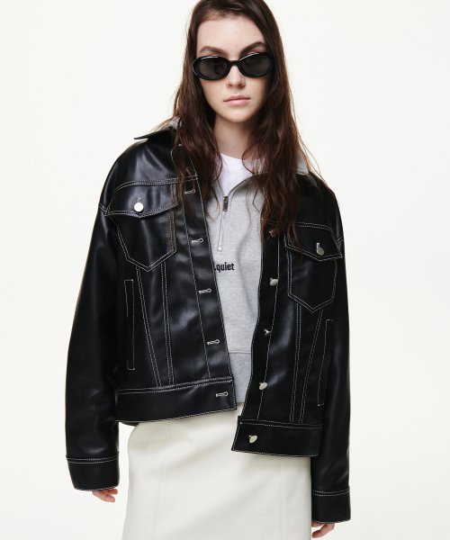[UNISEX]FAUX кожаный TRUCKER JACKET_BLACK