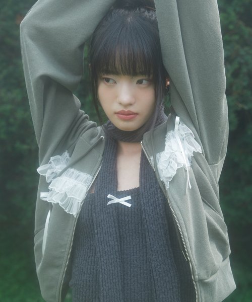LACE RIBBON PIGMENT HOODY (KHAKI)