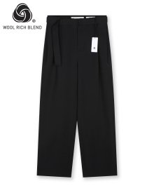WOOL BLENDED BELTED TWO TUCK PANTS BLACK