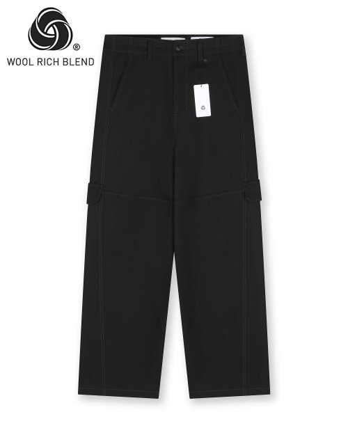 WOOL BLENDED TWIST SEAM CARGO PANTS BLACK