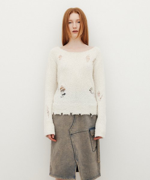 DESTROYED POINT BOUCLE LOOSE KNIT TOP - IVORY