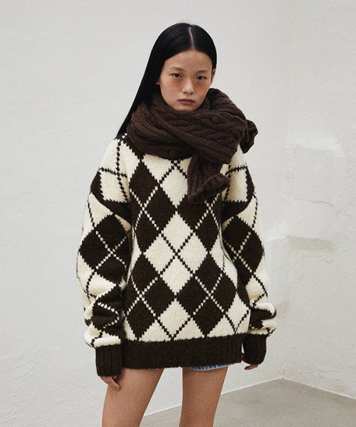 Argyle Knit Pullover (Cream/Brown)