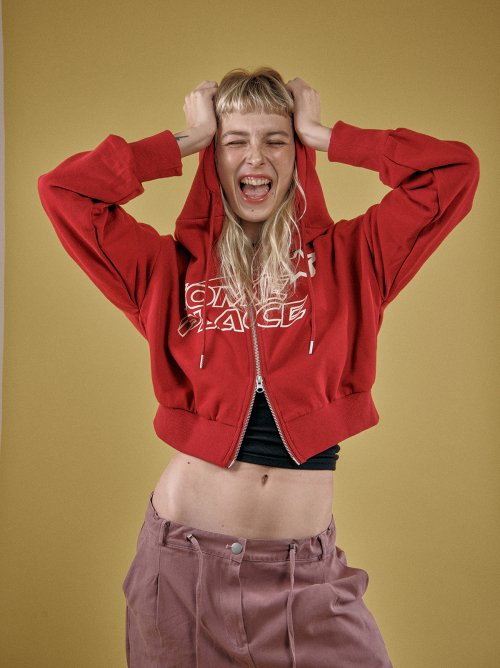 MUSINSA | SOME PLACE Two-way cotton star logo semi-crop hooded zip-up jacket  [Red]