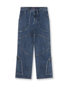 CUT OUT CURVED POCKET JEANS BLUE