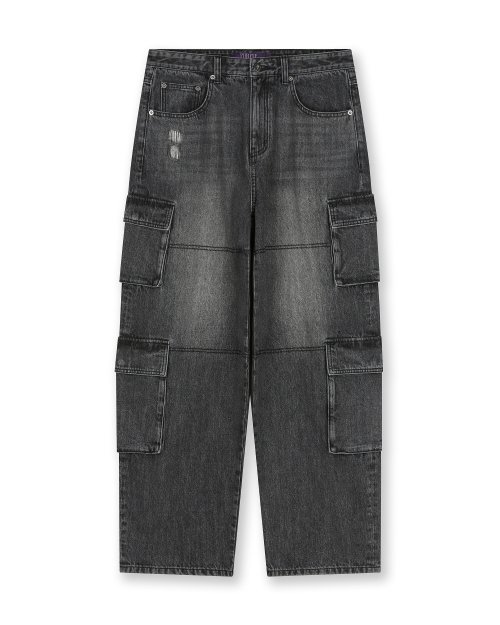 FADED DENIM CARGO PANTS BLACK