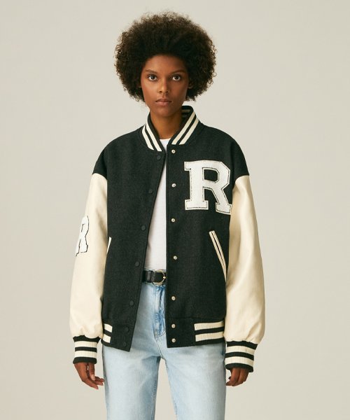 (UNISEX)60105 WOOL VARSITY PADDED JACKET_CHARCOAL