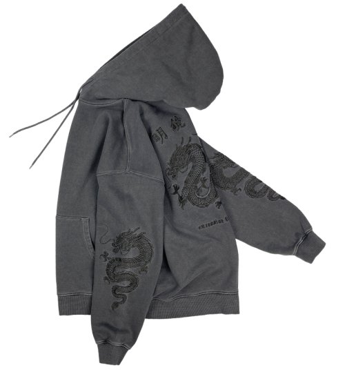 Оверсайз худи с вышивкой дракона (Washed Charcoal)