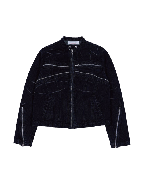 DENIM ZIPPER BIKER JACKET (BLACK)