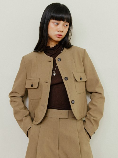 Celine Round No Collar Crop Jacket - Beige