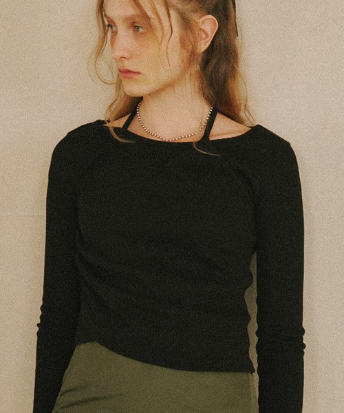 론론(RONRON) LAYERD HALTER NECK LONG SLEEVE BLACK - 사이즈