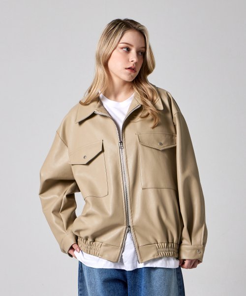 Оверсайз куртка из экокожи с 2 карманами Beige