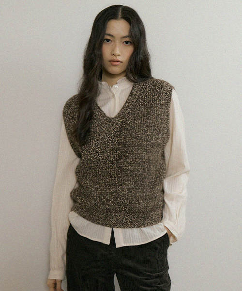 mix knit vest-darkbrown