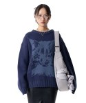 Cat Graphic Distressed Knit (Blue)