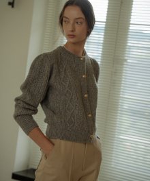 Paisley puff cable round-neck cardigan_Gray