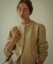 Paisley puff cable round-neck cardigan_Light beige