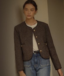 British leather binding wool jacket_Brown