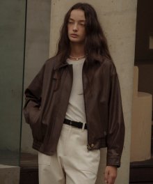 Gold button point leather blouson_Brown
