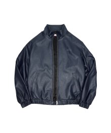 Embroidery Leather Jacket - Navy