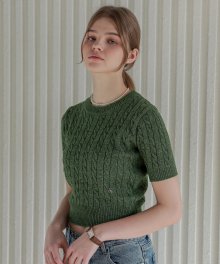 Lossy  Cashmere Cable Short-Sleeved Round Knit_khaki