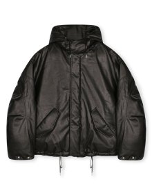 OVERSIZED M65 HOOD SHORT DOWN PARKA VEGAN LEATHER BLACK