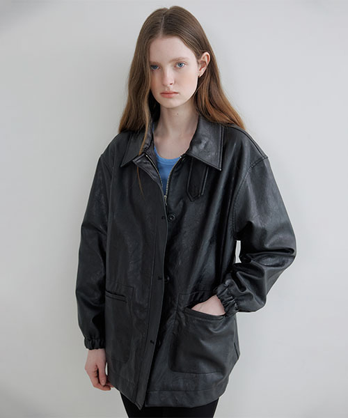 Faux leather bizo collar over jacket_Black