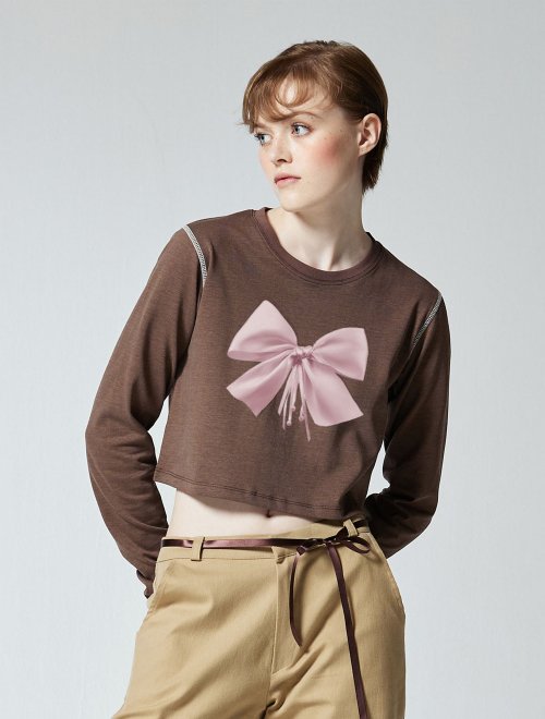RIBBON STITCH CROP TEE - BROWN