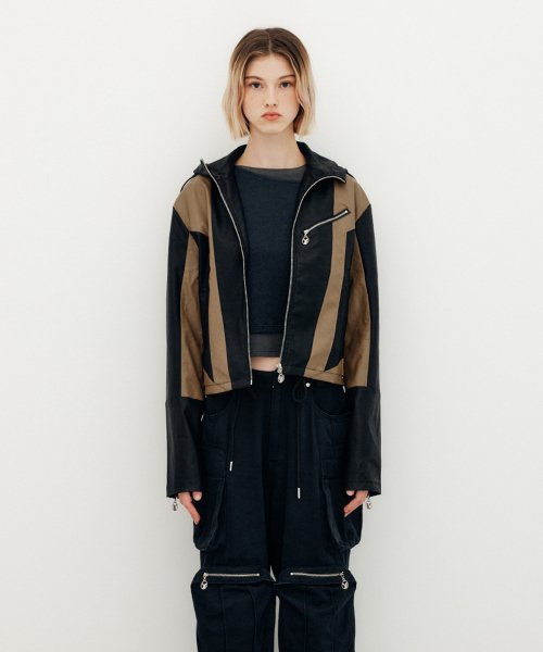 유즈(YUSE) COLOR BLOCK LEATHER HOODIE BIKER JACKET - BLACK