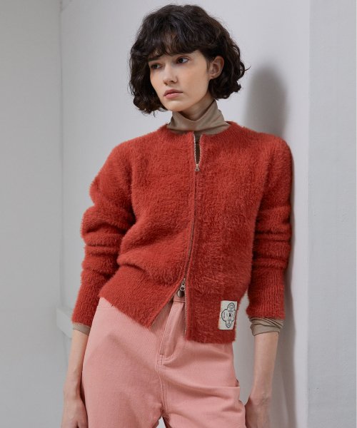 [LINE] Mohair Wool Blend Knit Zip-Up (Red Orange)