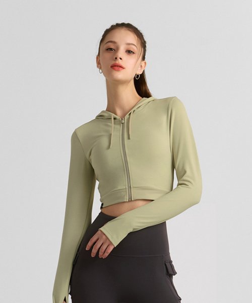 Облегающий укороченный худи на молнии Feather Khaki