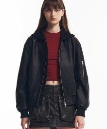 FAUX Leather HOOD MA-1 jacket in Black