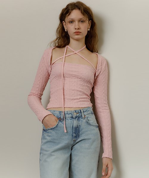 MUSINSA | REMANTIST Jacquard Top & Bolero Set (Pink)