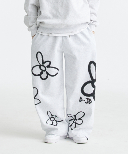 Широкие брюки на резинке Flower Spray (Light Grey)