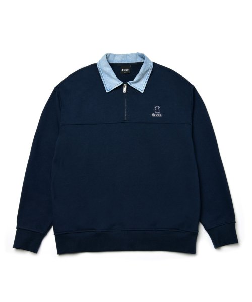 Denim Collars Cat Logo на молнии наполовину-Up свитшот [тёмно-синий]