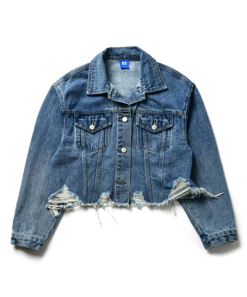 MUSINSA | FREI Damage cropped denim jacket (BLUE)