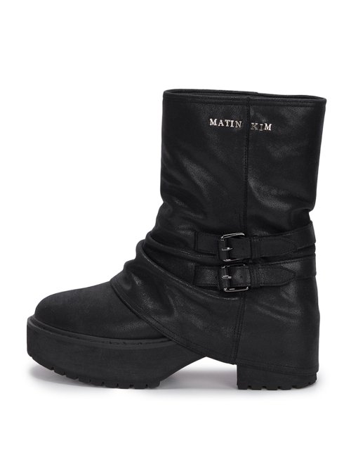 MUSINSA | MATIN KIM BUCKLE LAYERED LEATHER MIDDLE BOOTS IN BLACK