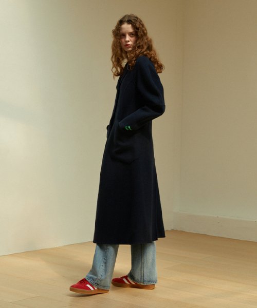 [handmade] Herringbone Round шерсть Longcoat (Navy)