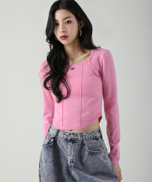 Square Neck Line Crop длинный рукав Knit розовый