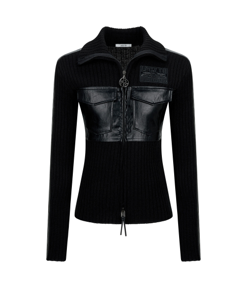 Fabric Mix Neck Zip Up_[Black]