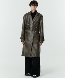 [ UNISEX ] VINTAGE WASHING VEGANLEATHER TRENCH COAT KHAKI