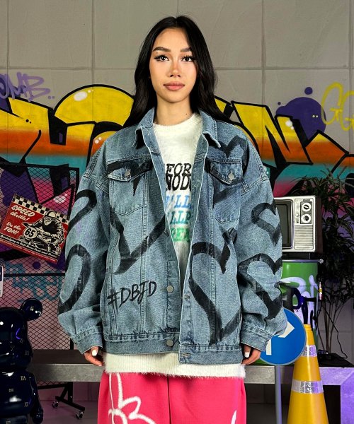 MUSINSA | DOUBLE JD Heart Spray Denim Jacket (Blue)