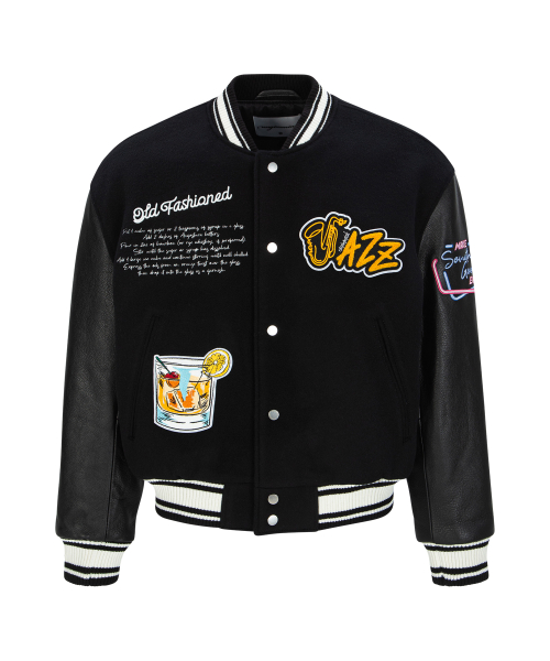 LEATHER SLEEVE шерсть VARSITY куртка (BLACK)